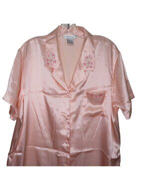 Vintage Morgan Taylor Coral Satin Nightshirt XL Floral Embroidery Button Front